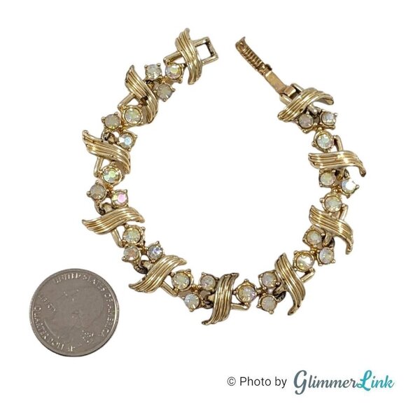 Vintage 1960s Aurora Borealis AB Rhinestone Floral Gold Tone Bracelet - Picture 8 of 10